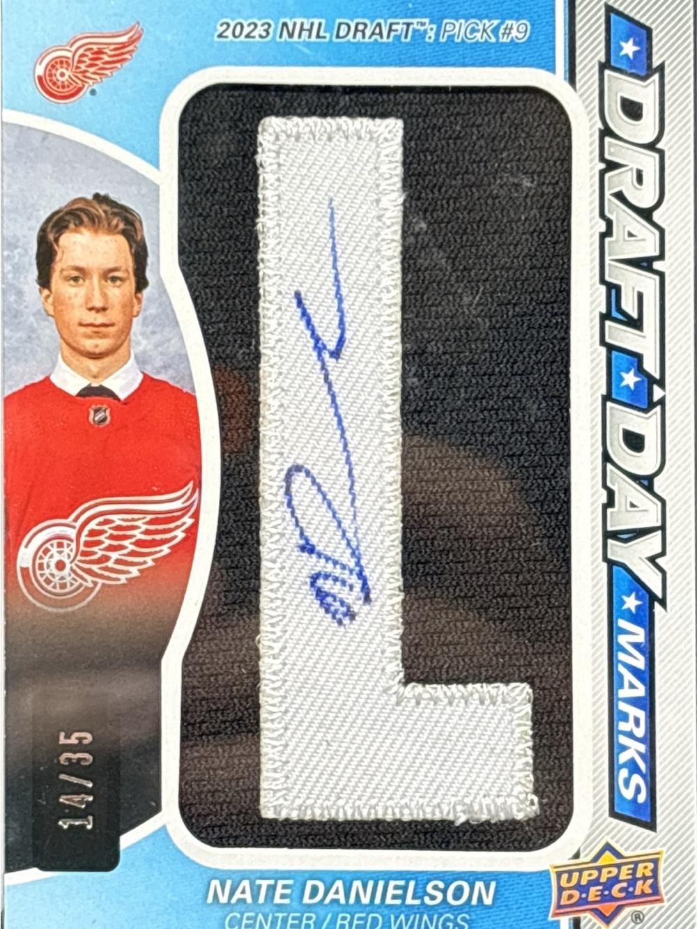 Upper Deck Nate Danielson Draft Day Marks Rookie NHL Card - Auto, Mem, LE 14/35